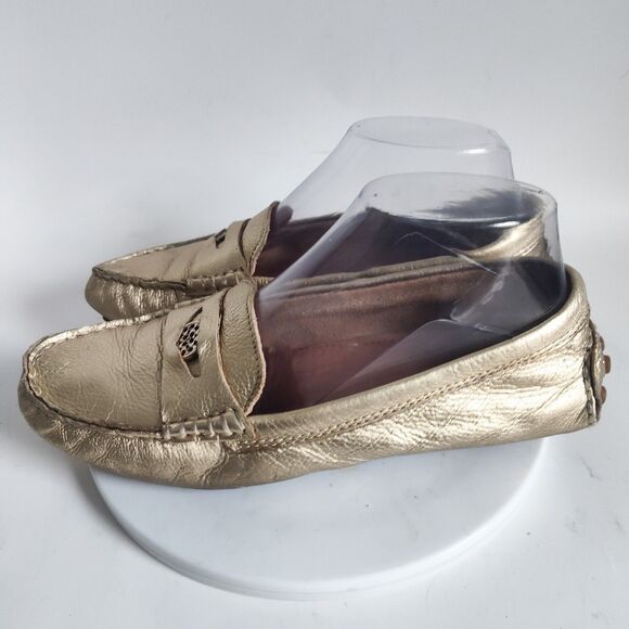 Coach Penny Loafers Size 7 Logo Leather Slip On Flats Napoleon Metallic Gold - Picture 4 of 10